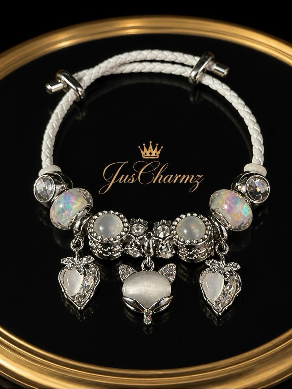 White Braided Charm Bracelet with Silver Cat & Heart Pendants